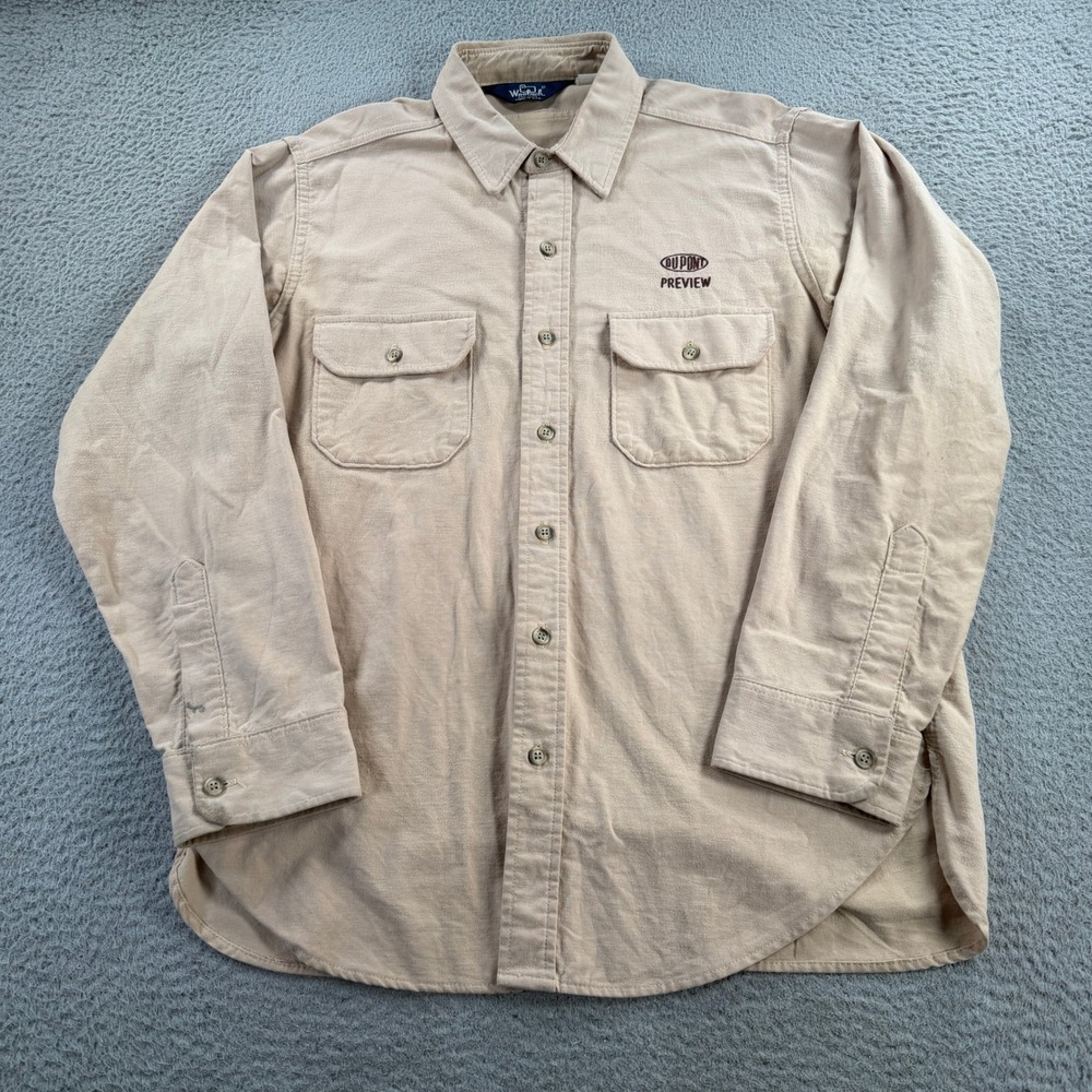 Vintage Woolrich Shirt Mens L/XL Tan DuPont Logo Button Up Workwear Made In USA